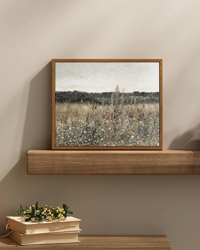 InSimSea Framed Canvas Wall Art, Wildflower Field Canvas Wall Art Paintings, Rustic Landscape Wall Decor for Bathroom Office Dining Room, 9"x11"