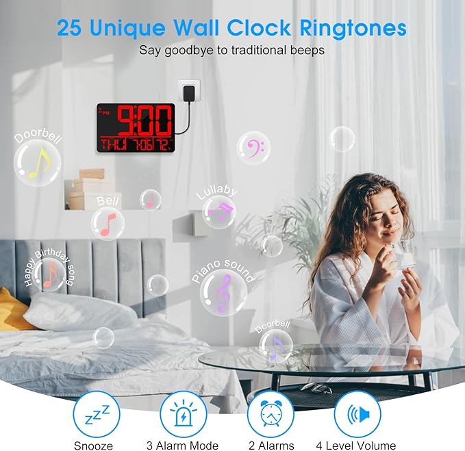 13" Bluetooth Auto Sync Wall Clock - Large Digital Alarm Clock with Remote, 25 Ringtones, Dual Alarm, Adjustable Brightness, 12/24H, Auto DST, for Living Room, Kitchen, Office, Elderly（Red）
