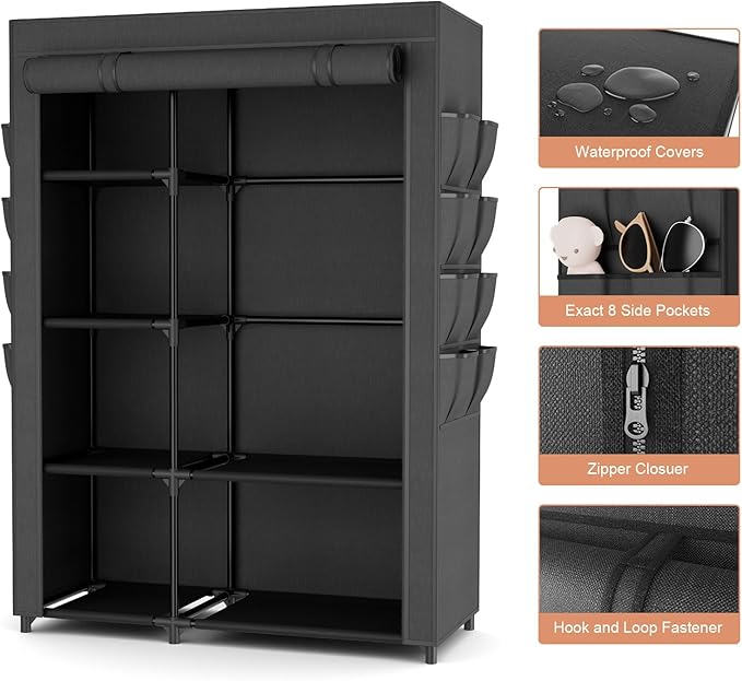 Portable Closets for Hanging Clothes, Wardrobe Closet with Hanging Rod and Clothing Storage Shelves, 8 Side Pockets, Free Standing Clothes Rack with Cover, for Bedroom and Dorm, Black