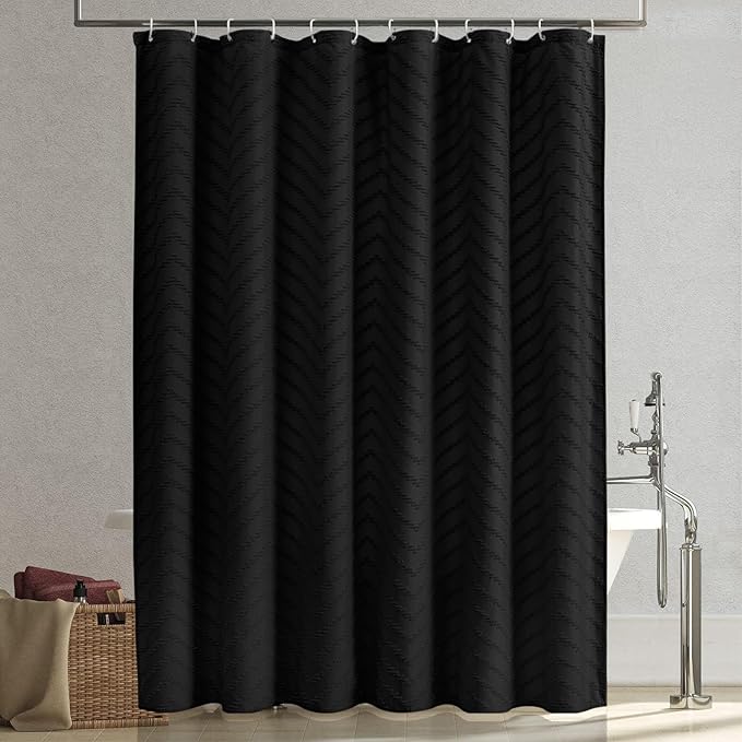 Black Boho Shower Curtain Modern Fabric Shower Curtain Shabby Chic Chenille Tufted Chevron Textured Striped Minimalist Shower Curtains 72 x 72 Inches