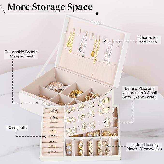 White Jewelry Box 2 Layer Jewelry Box 10.4 x 7.7 x 3.9 Inches Jewelry Organizer Tray for Earrings Bracelets Rings Watches (White)
