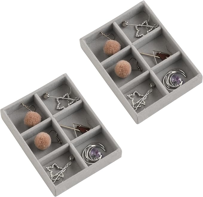 Frebeauty Small Jewelry Tray Set,Stackable Velvet Jewelry Organizer Tray,Mini Jewelry Drawer Organizer,Drawer Inserts,4.92 x 3.74 x 0.9 Inches,6 Grid Earring Organizer for Women(Set 2,Grey)