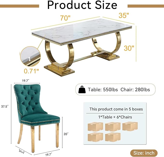 Goujxcy 7 Piece Marble Dining Table Set for 6, Luxury White Marble Gold Kitchen Table with 6 Green Velvet Upholstered Chairs, Modern 6 Person Dining Room Table Set for Kicken Dining Office Room
