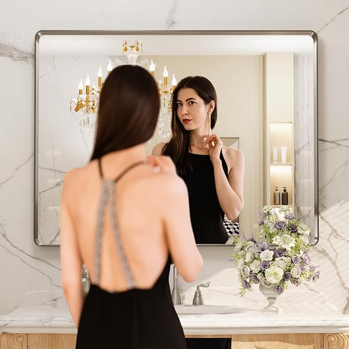 LOAAO 48X36 Inch Brushed Nickel Bathroom Mirror, Rounded Rectangle Silver Metal Frame Mirror, Brushed Nickel, Anti-Rust, Shatter Proof, Hangs Horizontally or Vertically