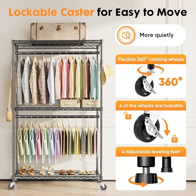 Sweetcrispy Rolling Clothes Rack, Heavy Duty Garment Racks 3 Tiers Portable Adjustable Wire Shelves with Wheels, Hanging Rods, Hooks Freestanding Clothing Wardrobe Closet (17.7"L x 47.2"W x 80.3"H)
