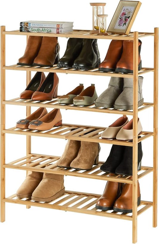 6-Tier Bamboo Shoe Rack for Entryway, Stackable | Heavy Duty | Multi-Function, Free Standing Shoe Racks for Bedroom Hallway Closet