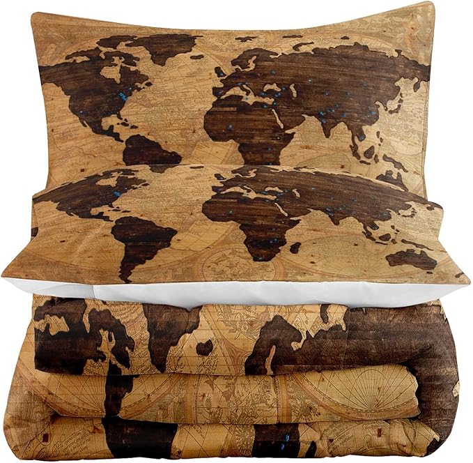 Tailor Shop World Map Comforter Set for Boys Girls Kids Teens ，Retro Yellow Vintage Nostalgic World Map Bedding Sets Twin Size 2 Pieces with 1 Comforter 1 Pillowcases