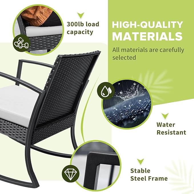 Homall Patio Furniture Set 3 Piece Resin Outdoor Bistro Set Rocking Patio Chairs with Cushions and Table for Porch, Poolside, Balcony and Yard (White)