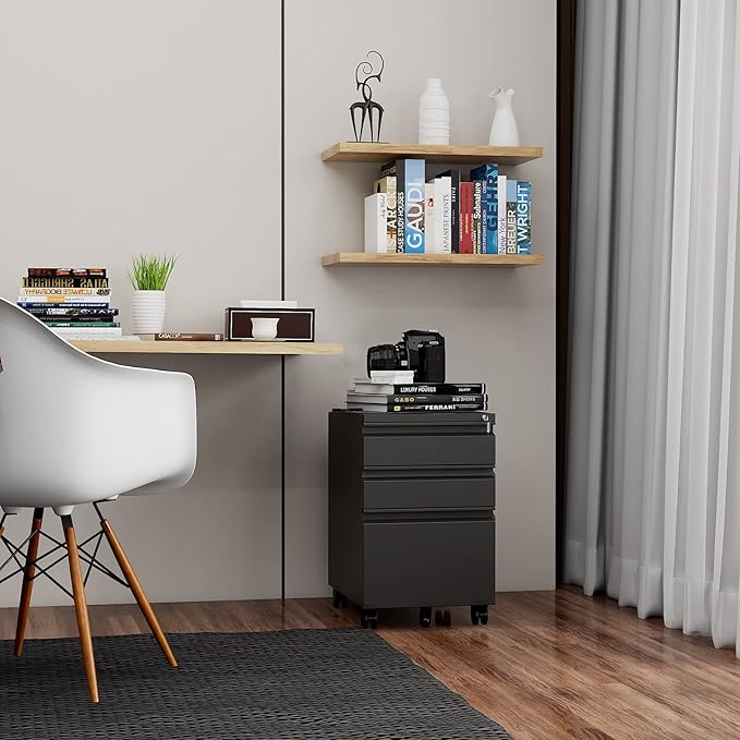 3 Drawer File Cabinet with Wheels, Metal Filing Cabinet with Lock, Office Rolling File Cabinets for A4/Legal/Letter Size, Assembly Required, Black