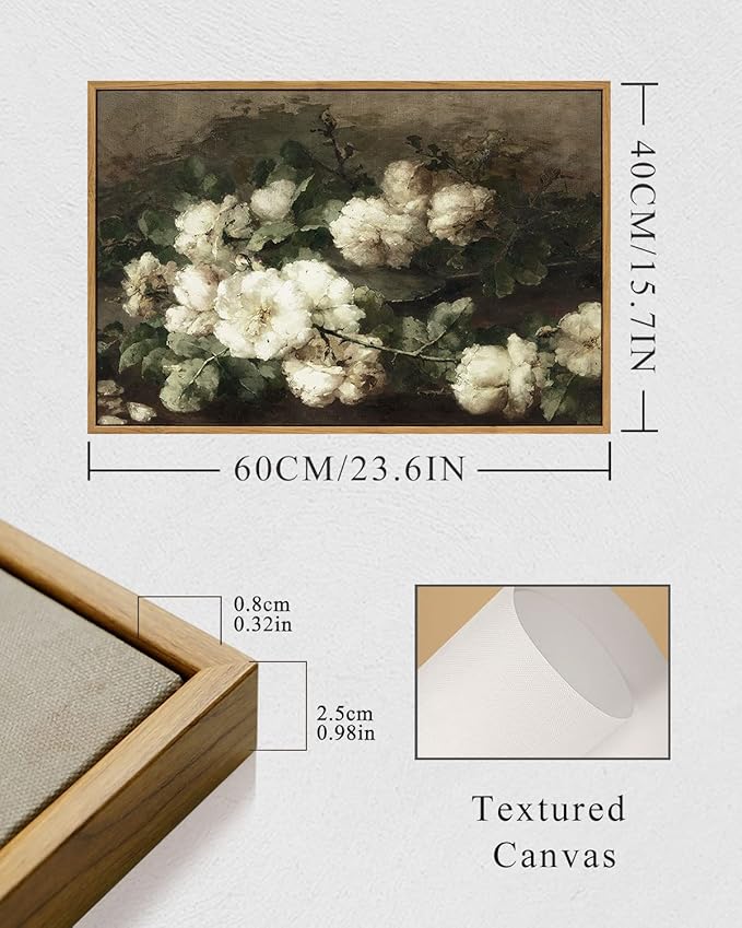 InSimSea Framed Canvas Wall Art Vintage Decor, Room Decor White Roses Still Life Paintings Canvas Print, Mid Century Modern Decor for Living Room, Bathroom Farmhouse Kitchen, 16"x24"