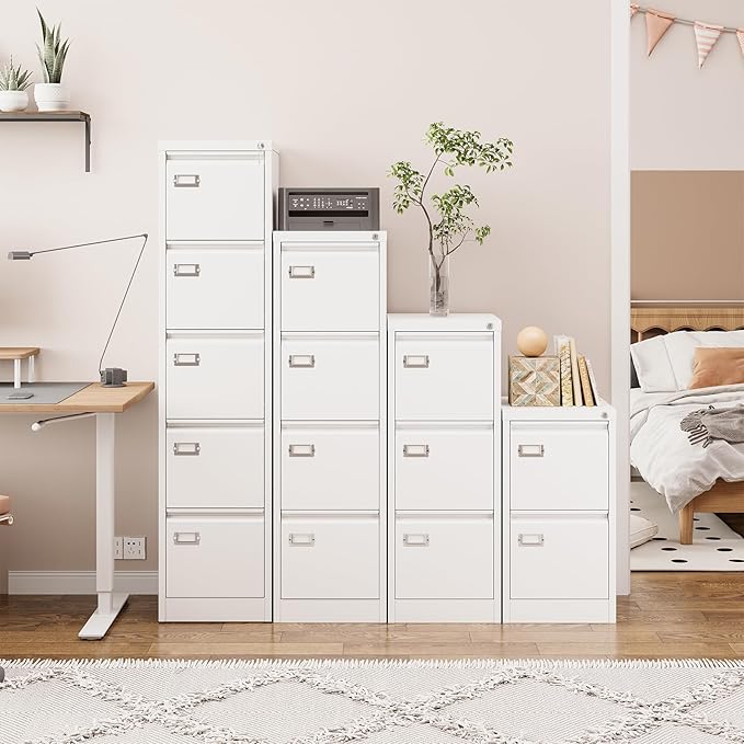 5 Drawer File Cabinet with Lock, Metal Filing Cabinets, 5-Vertical Filing Cabinet,Steel Lockable Storage Cabinets for Home Office to Organization Hanging Letter/Legal/F4/A4,White