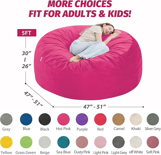 5FT Bean Bag Chair with Ultra Soft Velvet Cover Bean Bag Sofa with Memory Foam Bean Bag Chairs with Large Size Lazy Sofa for Dorm Office Living Room Bedroom Hot Pink 5'
