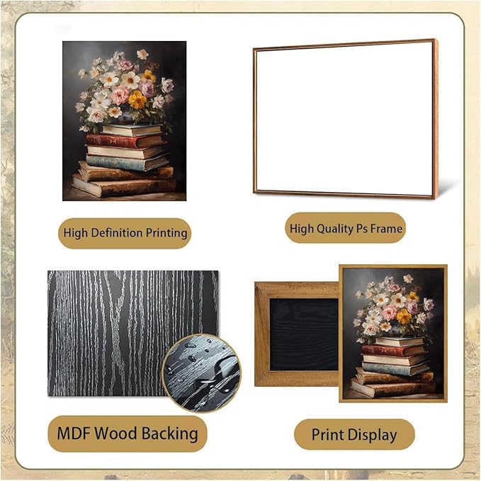 Djmwtb Vintage Framed Wall Art Floral Book Canvas Wall Art Literary Art Prints Flower Painting Moody Pictures Wall Decor Artwork for Living Room Bedroom Bathroom Office 8x10in