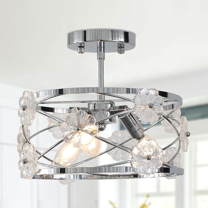 12.6" Semi Flush Mount Ceiling Light Modern 3-Lights Drum Ceiling Lighting with Chrome Finish Vintage Modern Crystal Flower Light Fixture for Bedroom, Entryway, Kitchen, Dining Room, E12