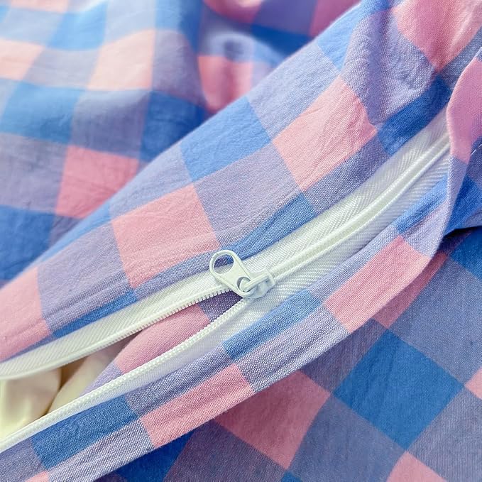 FACE TWO FACE Bedding Duvet Cover Set100% Washed Cotton Duvet Cover Linen Like Textured Breathable Durable Soft Comfy (Twin, Blue Purple Grid)