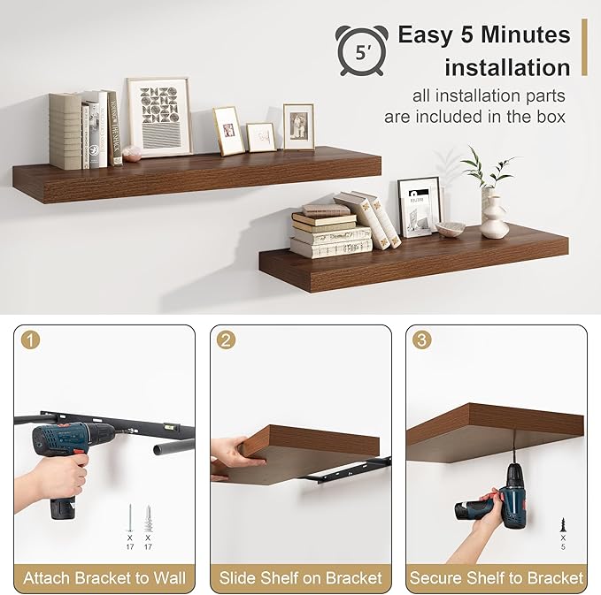 Heimlove Walnut Bathroom Shelves Floating Shelves for Wall Shelf Over Toilet Long Wall Mounted Modern Farmhouse,48 x 12 Wall Shelves with Invisible Brackets for Living Room, Kitchen, Bedroom