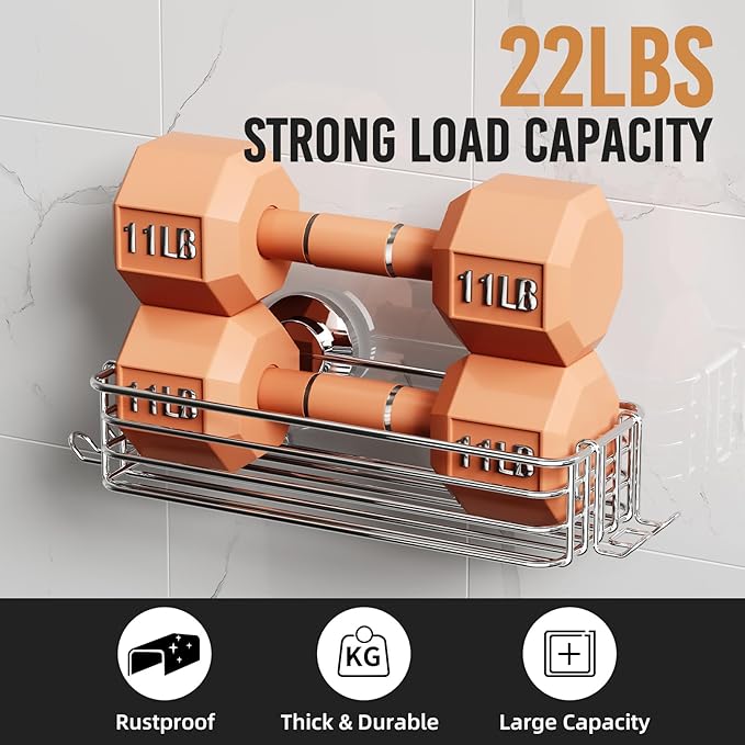 LEVERLOC Shower Caddy Suction Cup, 2 Pack Heavy Duty Bathroom Organizer for Inside Shower with Hooks & Soap Holder, Removable and Rustproof Silver Bathroom Holder Storage