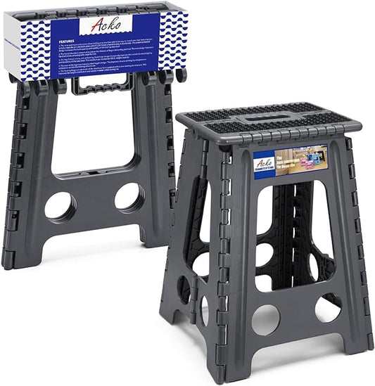 ACKO Folding Step Stool Foldable 17.5 Inch Stools for Adults and Kids,Plastic Stools Tall 400 lbs Capacity, Collapsible Stool for Kitchen, Stepping Foot Stool with Handle, Dot Grey,1 PC