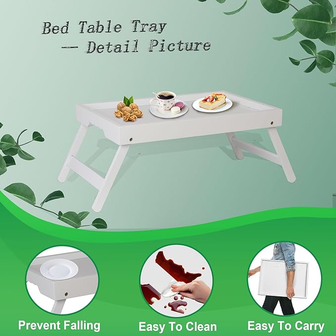 Bed Tray Table for Eating with Folding Legs, Bamboo Breakfast Table in Bed for Eating on Couch, Bed, Laptop Computer Tray(White, Medium)