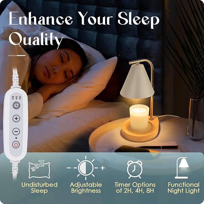 Candle Warmer Lamp with Retro Wooden Base - Home Decor Wax Melt for Small and Large Jar Candles, Candle Heater Lamp with 2 Bulbs, Dimmer and Timer Function-White