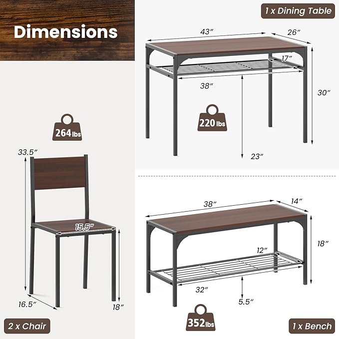 Tangkula Dining Table Set for 4, Kitchen Table and 2 Chairs for 4 with Bench, Additonal Storage Rack, 4 Piece Dining Table Set for Small Space, Apartment