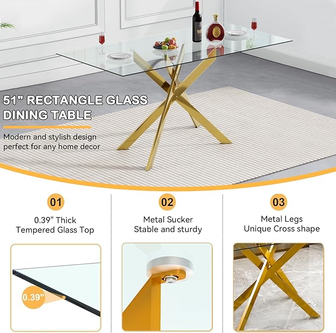 Goujxcy Glass Dining Table Set for 4, Modern Kitchen Table and Chairs Set of 4, 5-Piece Kitchen Dining Room Table Set w/51 Gold Glass Dining Table and 4 Grey Velvet Upholstered Chairs