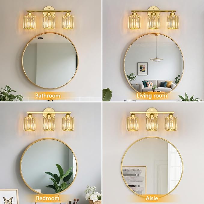 Modern 3 Light Crystal Vanity Light, Gold Vertical Bathroom Light Fixture Over Mirror for Dressing Table Sink, Compatible with Dimmable Bulbs (Bulbs Not Included)