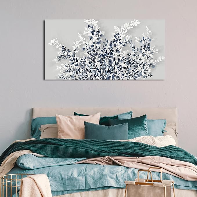 NINEASO Botanical Flowers Wall Art - Indigo Blue and White Floral Canvas Pictures Spring Blooming Painting Gray Background Printing Artwork Living Room Bedroom Home Office Wall Decor 24" x 48"