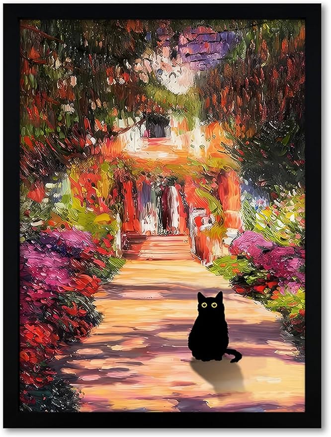 Krtoni Framed Vintage Monet Garden Cat Canvas Wall Art, Famous Oil Paintings Monet Flowers Black Cat Wall Decor, Cute Kitten Lovers Aesthetic Print For Farmhouse Gallery Bedroom Bathroom 16''L x 12''W