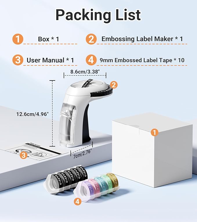 Embossing Label Maker Machine with Tapes, Vintage Embossed Label Maker Manual, Retro 3D Black Emboss Labeler with 10 Rolls 9mm Macaroon Embossing Label Tapes for Home Scrapbooking Supplies, DIY Craft