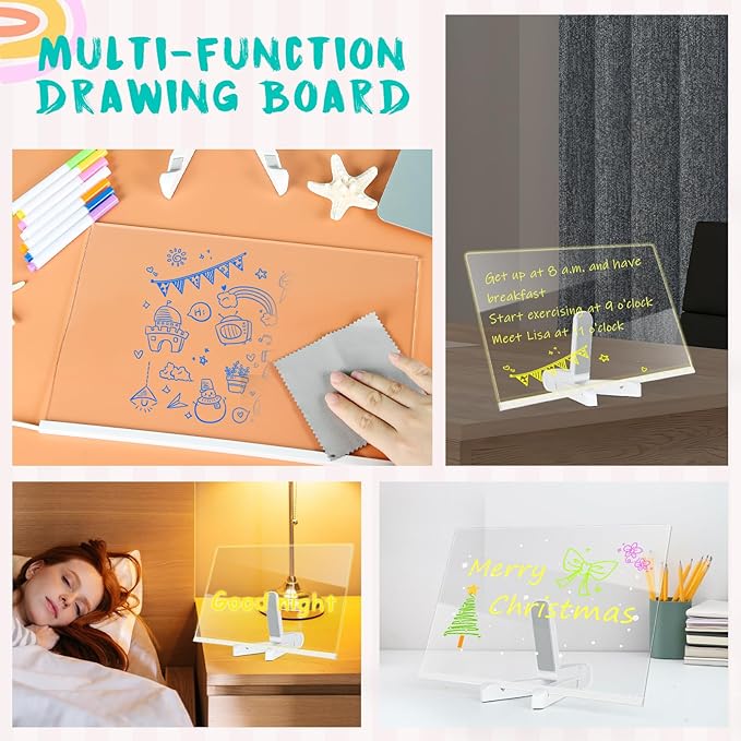 Acrylic Dry Erase Board with Light, 11.8 X 7.9” Clear Dry Erase Boardwith 7 Colors Pen Dry Erase Board to Do List Clear School Supplies for Kids