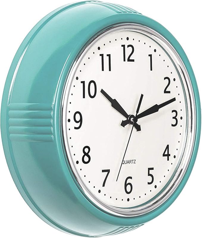 Bernhard Products Retro Wall Clock 12 Inch Blue Kitchen 50's Vintage Design Round Silent Non Ticking Battery Operated Quality Quartz Clock (Robin Egg Blue)