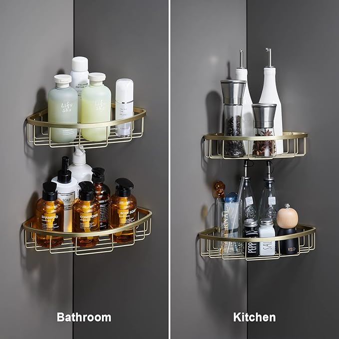 [2 Pack Bathroom Corner Shower Caddy Shelf Organizer, SUS304 Stainless Steel Heavy Duty Rust-Proof Shelf Holder, Wall Mounted Storage Rack for Bathroom Kitchen, Brushed Gold