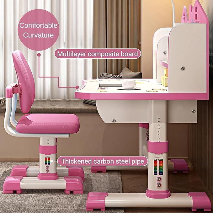Kids Desk and Chair Set, Height Adjustable Kids Study Table and Chair Set, Children School Desk with Storage Drawer and Book Stand, Ergonomic Child Toddler Deskwith Sitting Posture Corrector (Pink 2)