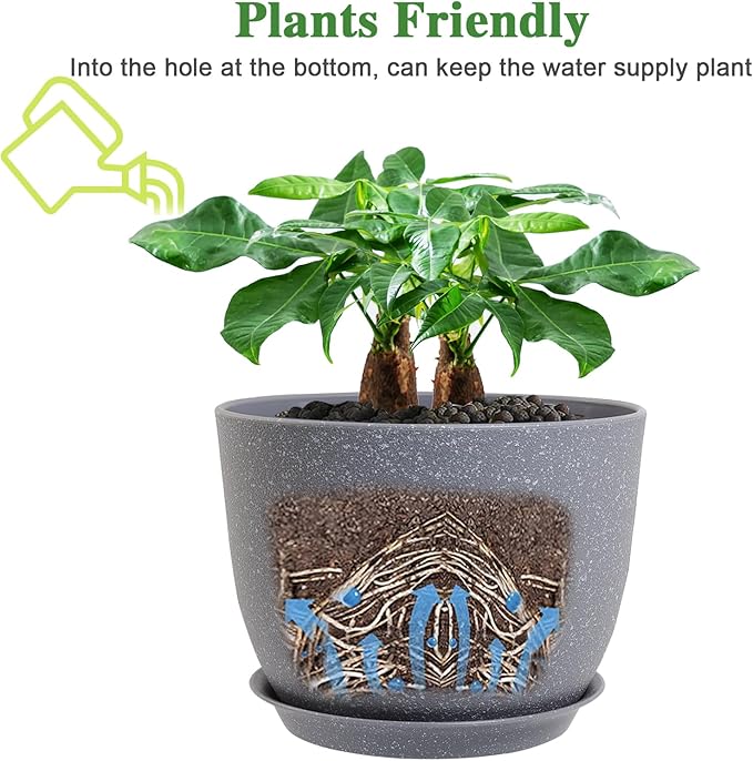 12inch Large Plant Pot, Modern Plastic Planter with High Driange Holes and Saucer for Indoor Outdoor Garden Plants and Flowers, Grey Speckles