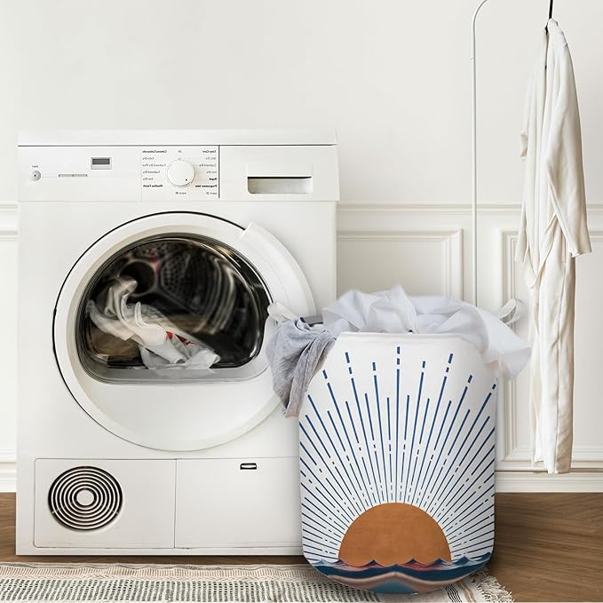 Boho Laundry Basket, Mid Century Modern Boho Terracotta Sun Sea Wave Waterproof Collapsible Laundry Hamper Dirty Clothes Storage Toy Bin Organizer for Bathroom Bedroom Nursery Girls Kids Room