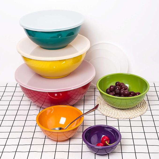 KX-WARE Melamine Mixing Bowls with Lids - 6 Piece Melamine Bowls and 6 Piece Plastic Lids, Multicolor