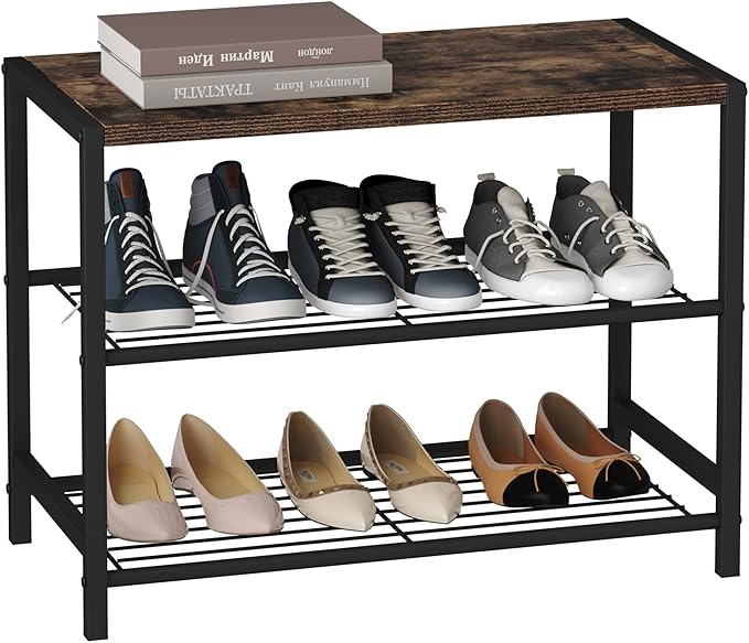 HOMEFORT 3-Tier Shoe Rack, Shoe Storage Shelf, Industrial Shoe Tower, Narrow Shoe Organizer for Closet Entryway, Small Shoe Rack Table with Durable Metal Shelves, Rustic Brown