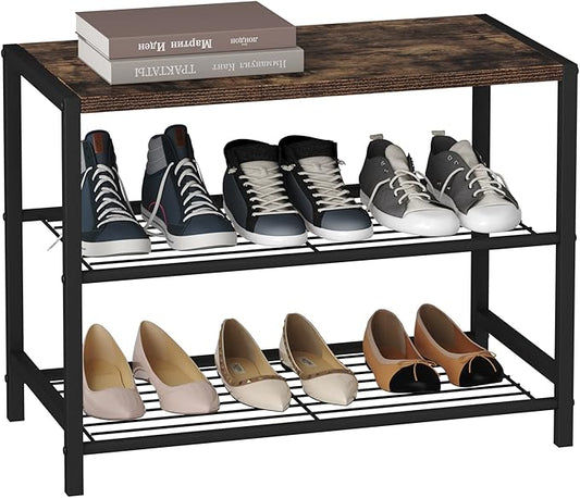 HOMEFORT 3-Tier Shoe Rack, Shoe Storage Shelf, Industrial Shoe Tower, Narrow Shoe Organizer for Closet Entryway, Small Shoe Rack Table with Durable Metal Shelves, Rustic Brown
