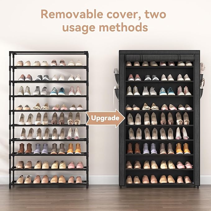 Shoe Rack with Covers - 10 Tiers Tall Shoe Rack Organizer Large Capacity Shoe Shelf Storage 40 Pairs Space Saving Vertical Shoe Storage Organizer for Closet, Entryway, Dorm, Bedroom