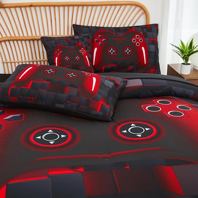 PERFEMET 6-Piece Boys Comforter Set Full Size Game Console Bedding Set for Kids Teen 3D Black and Red Gamepad Gaming Bed in a Bag Matching Sheet Set(Red, Full)