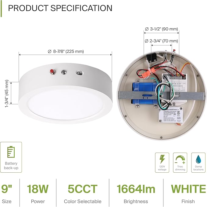ASD LED 9" Round Flush Mount Ceiling Light Fixture, Low Profile Surface Lighting | 5CCT, Dimmable, Battery Backup, ETL Listed | 18W 1600LM 2700-6000K 120V | Kitchen, Hallway Lamp | White, 12 Pack