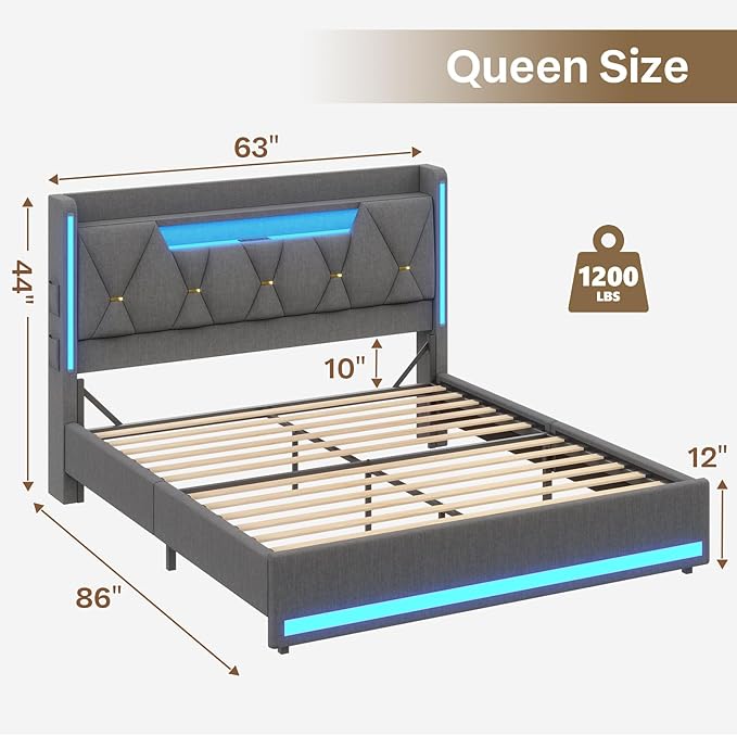 Queen Bed Frame with Headboard, Platform Bed Frame Queen Size with LED Lights & Charging Station, Upholstered Bed Frames with Storage Headboard, No Box Spring Needed, Easy Assembly, Gray