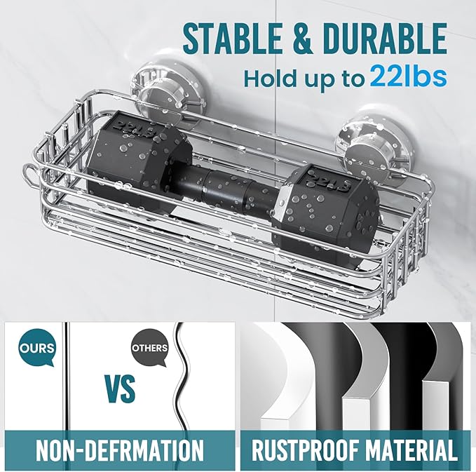 TAILI Shower Caddy Suction Cup, 3 Pack Shelves for Inside with Hooks & Soap Holder Toothbrush Cups, Removable Bathroom Organizer, Rustproof Black Holder Storage-Silver