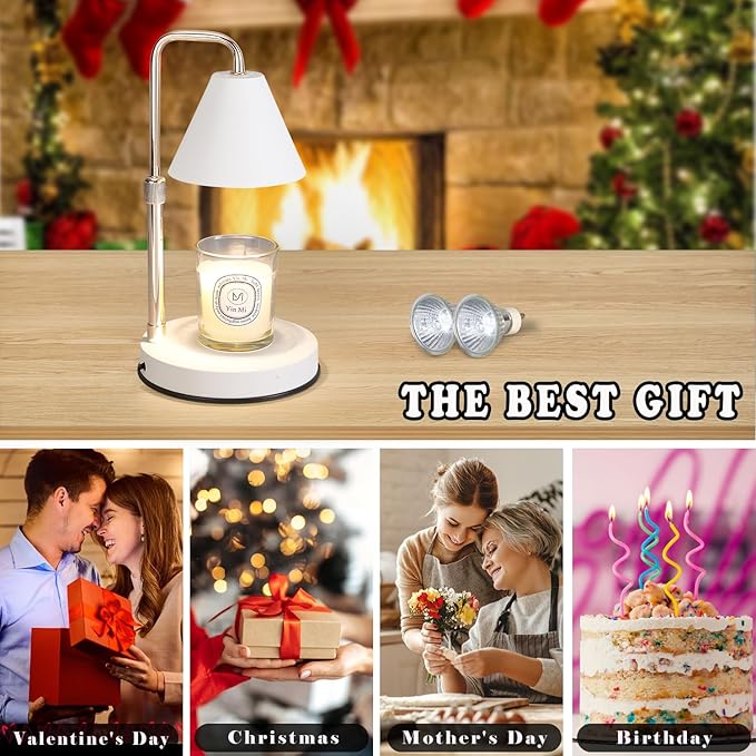 Candle Warmer Lamp with Timer,Adjustable Height Dimmable Candle Lamp,Electric Candle Warmer Lamp with 2 Bulbs,Candle Wax Warmer Compatible with Large Jar Candles,Gifts for Mom,White