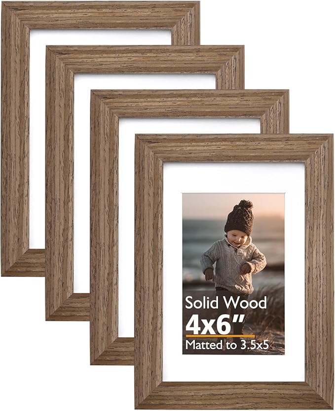 KINLINK 4x6 Picture Frames Rustic brown, Solid Wood Frames with Acrylic Plexiglass for 3.5x5 with Mat or 4x6 without Mat, Tabletop and Wall Display Photo Frame, Set of 4