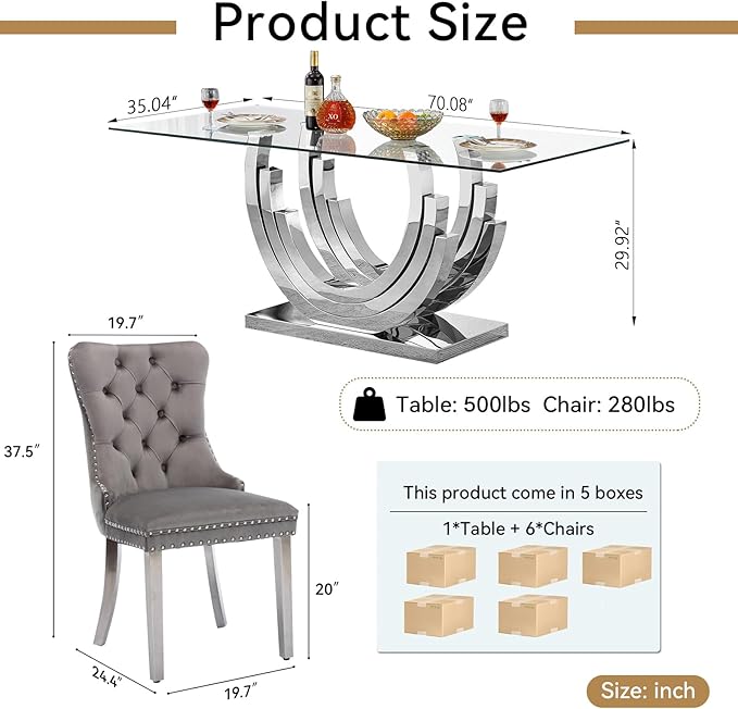 7 Piece Dining Table Set with 6 Grey Dining Chairs, Modern Glass Kitchen Table and Chairs Set for 6, 70" Rectangle Silver Glass Pedestal Dining Room Tables with Ring-Shape Stainless Steel Base