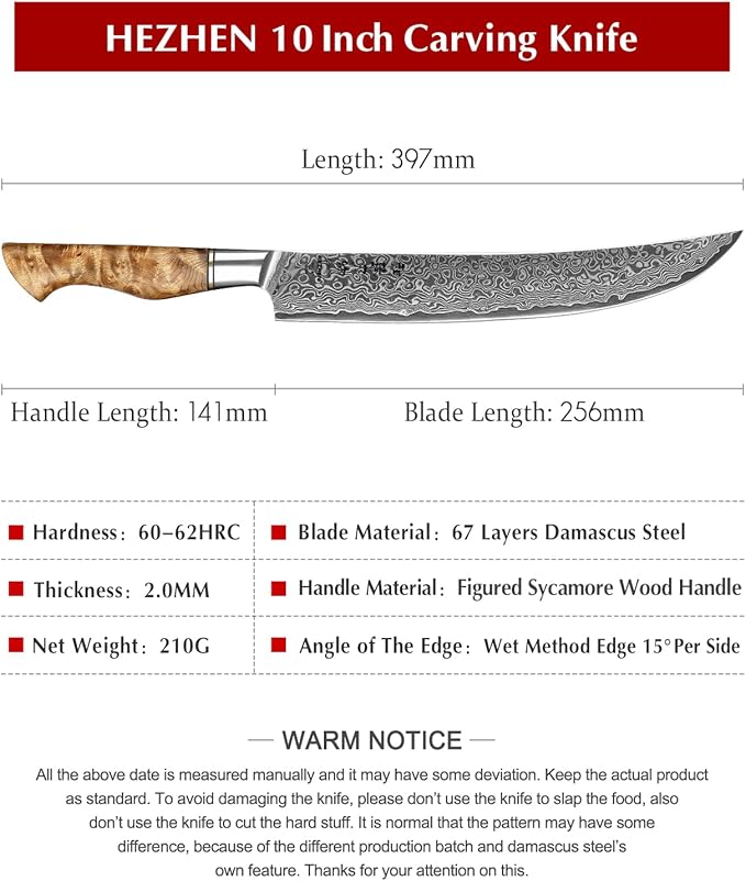 HEZHEN Slicing Knife 10 inch - Granton Carving Knives Hollow Ground Meat Knife Kitchen Long Slicer & Carver - Figured Sycamore Wood Handle - Gift Box Included - Master Series