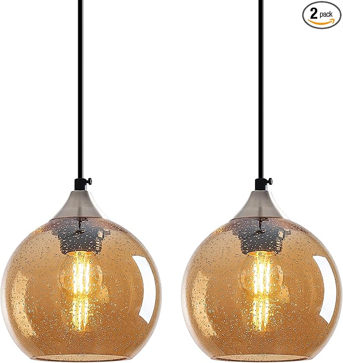 Amber Glass Pendant Lights Kitchen Island Globe Pendant Light Fixtures Modern Pendant Lighting for Bedroom Living Dining Room Light Fixture (5.9 in, 2 Pack)