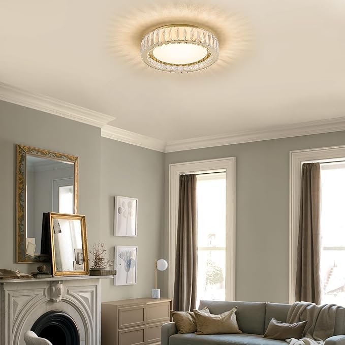 15 Inch Dimmable LED Crystal Flush Mount Ceiling Light,Modern Gold 36W 5CCT 3000K-6000K Chandelier Large Round Lighting Fixtures for Bedroom,Living Room,Laundry Room,Dining Room